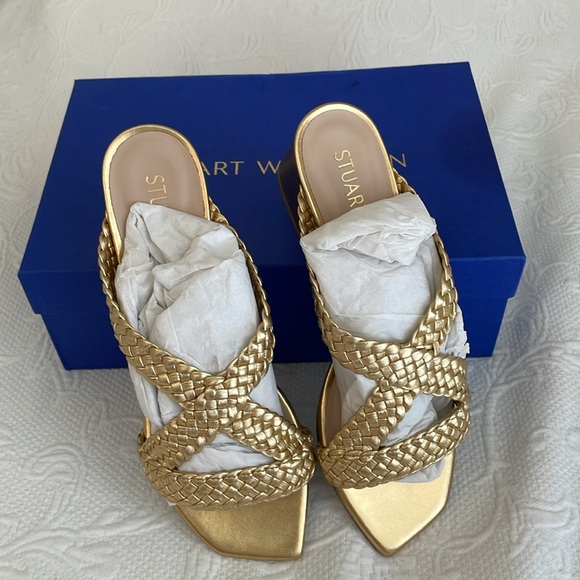 NWT Stuart Weitzman Gold Rosie Woven Block Heel Side Sandals size 8 - Picture 3 of 16